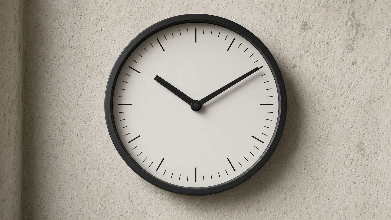 Close view of a plain round wall clock with dash markers on pale stone, and no numerals