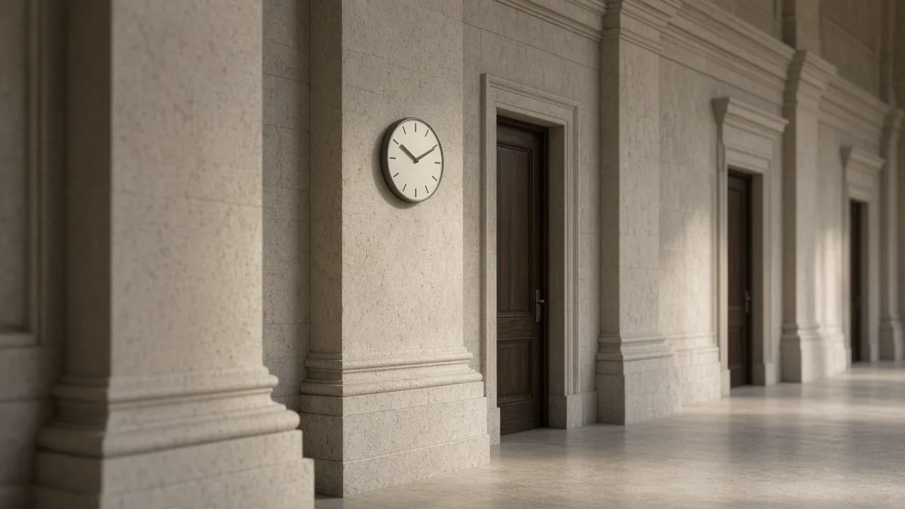 Empty limestone corridor with a plain round wall clock and closed wooden doors, and no people