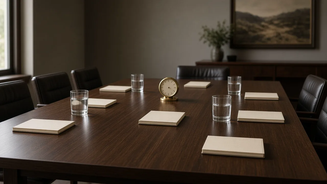Empty dark wood conference table set with blank notebooks, water glasses, and a small brass clock