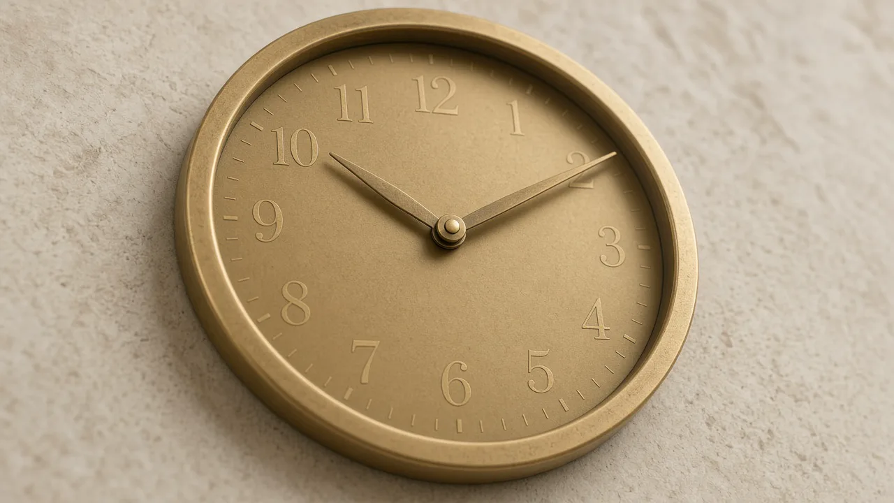 Close view of a simple round brass wall clock on pale stone, with no seal and no other text