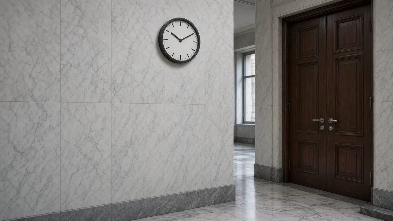Quiet marble hallway with a round wall clock and closed wooden doors, with no seals, no flags, and no people