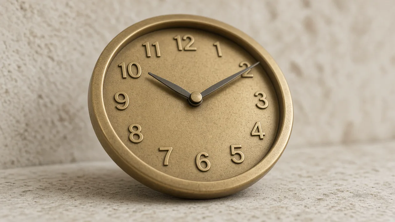 Close view of a simple round brass wall clock on pale stone, with no seal and no words around it