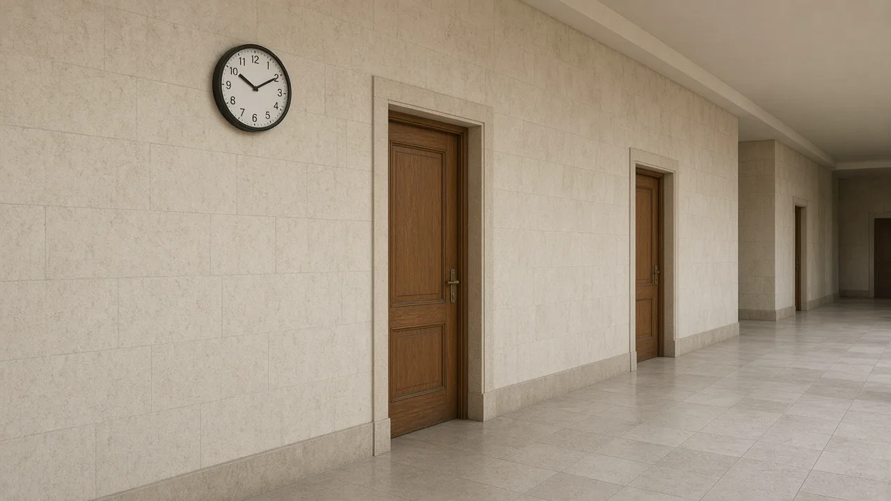 Quiet pale-stone corridor with closed wooden doors and a round wall clock, with no seals, no flags, and no people