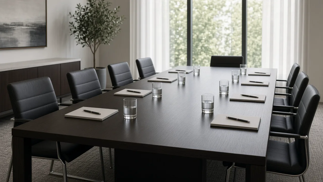 Long empty dark-wood conference table set with closed blank notepads and water glasses, and no people