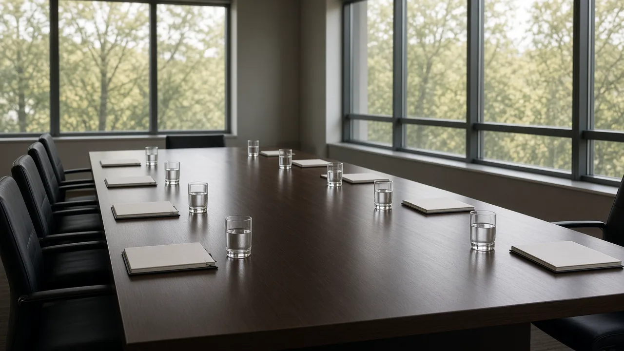 Long empty dark-wood conference table set with closed blank notepads and water glasses, and no people
