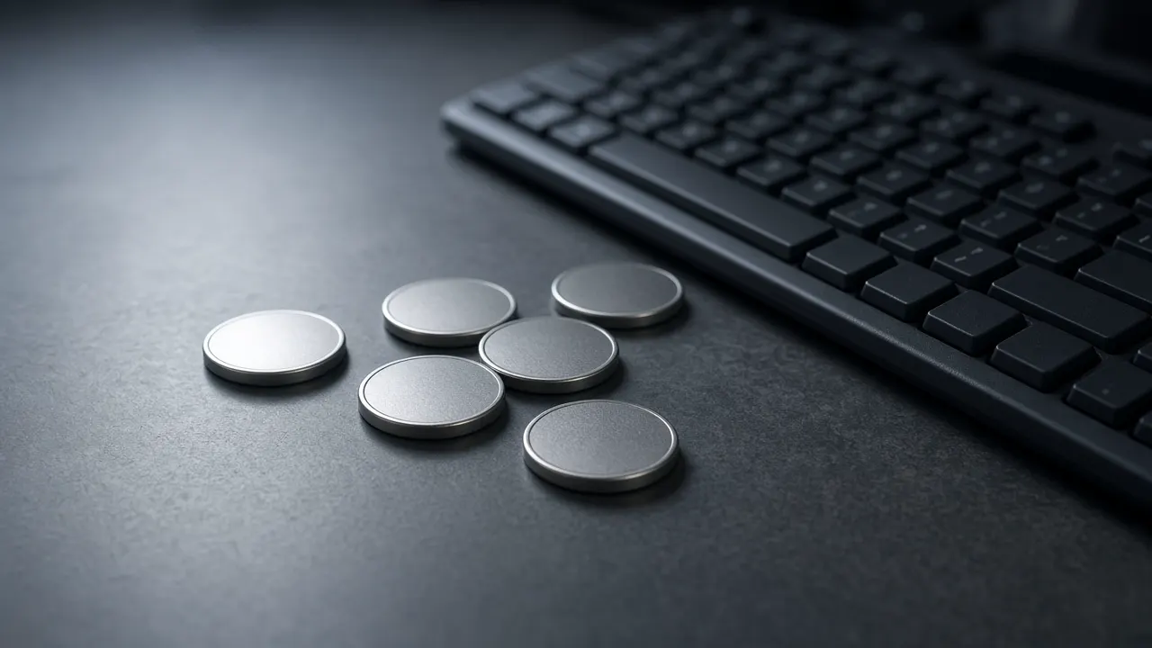 Plain metal tokens beside a dark keyboard on an empty desk, with no symbols and no people