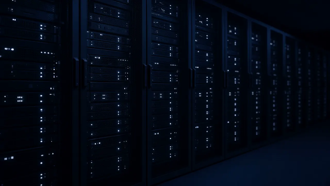 Rows of unbranded equipment racks with small lights in a dark room, with no readable labels and no people