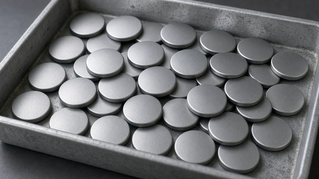 Unstamped round metal discs in a shallow tray under cool light, with no logos and no people