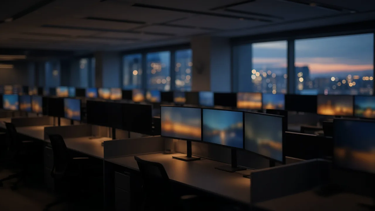 Empty trading room at dusk with dark desks and monitors glowing in blurred amber and blue, and no people in frame
