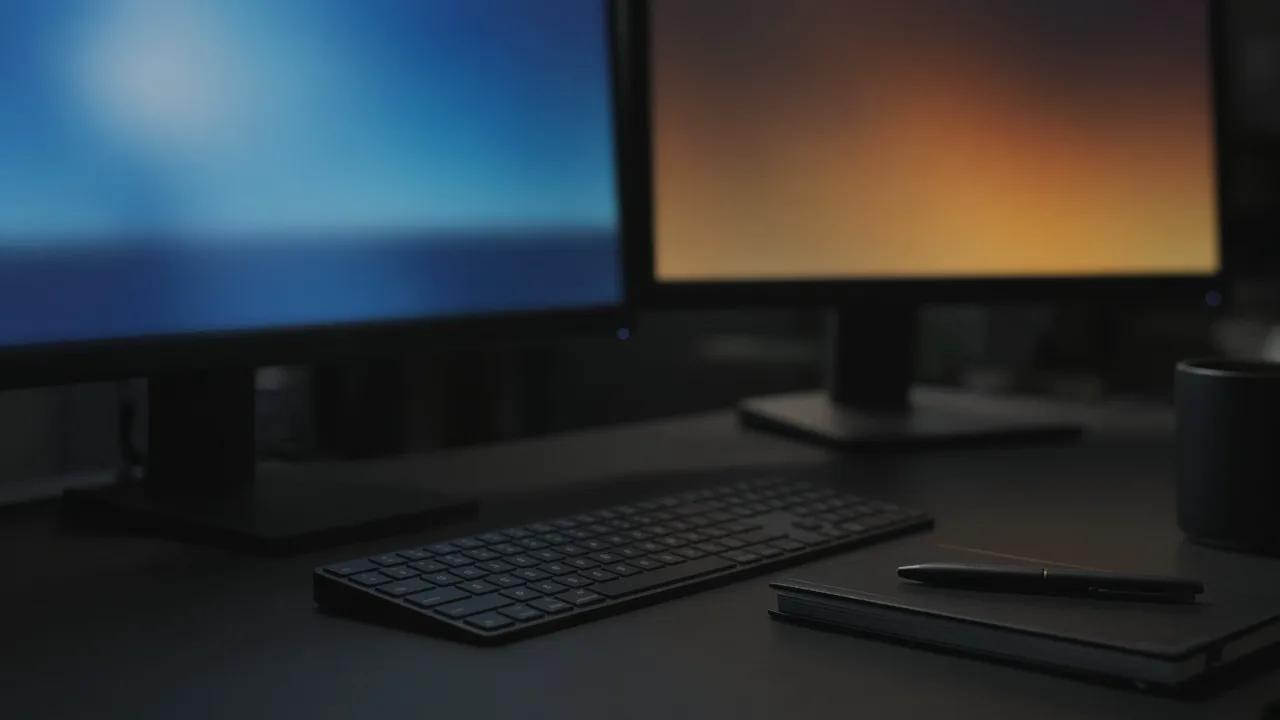 Close view of two dark monitors showing only soft blurred color, with a closed notebook and no readable text
