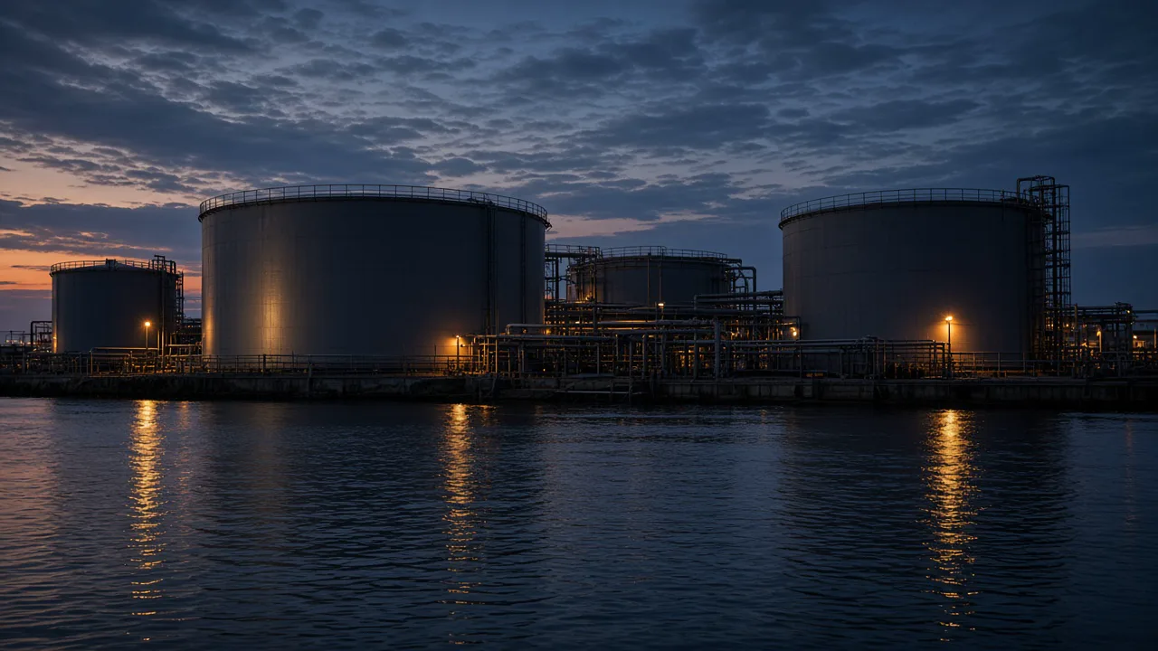 Unbranded steel oil storage tanks and pipes beside calm water at twilight, with no lettering and no people