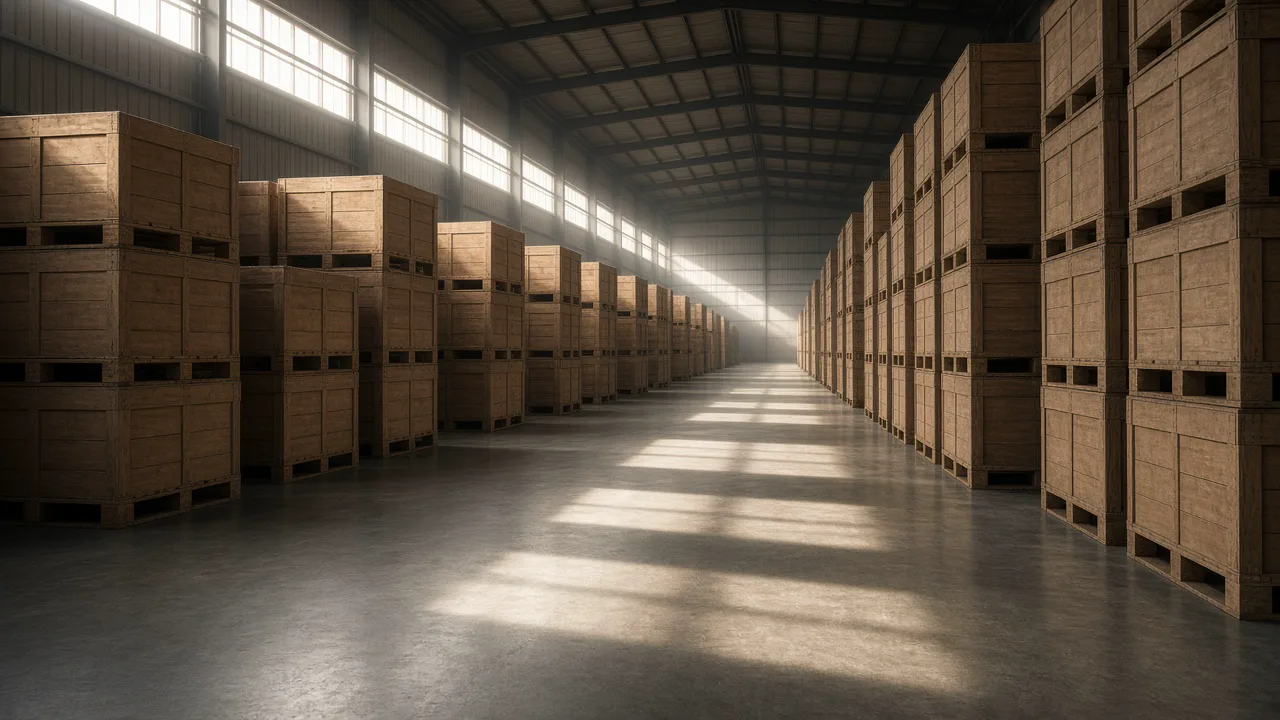 Empty warehouse aisle with stacked plain crates in morning light, with no labels and no people