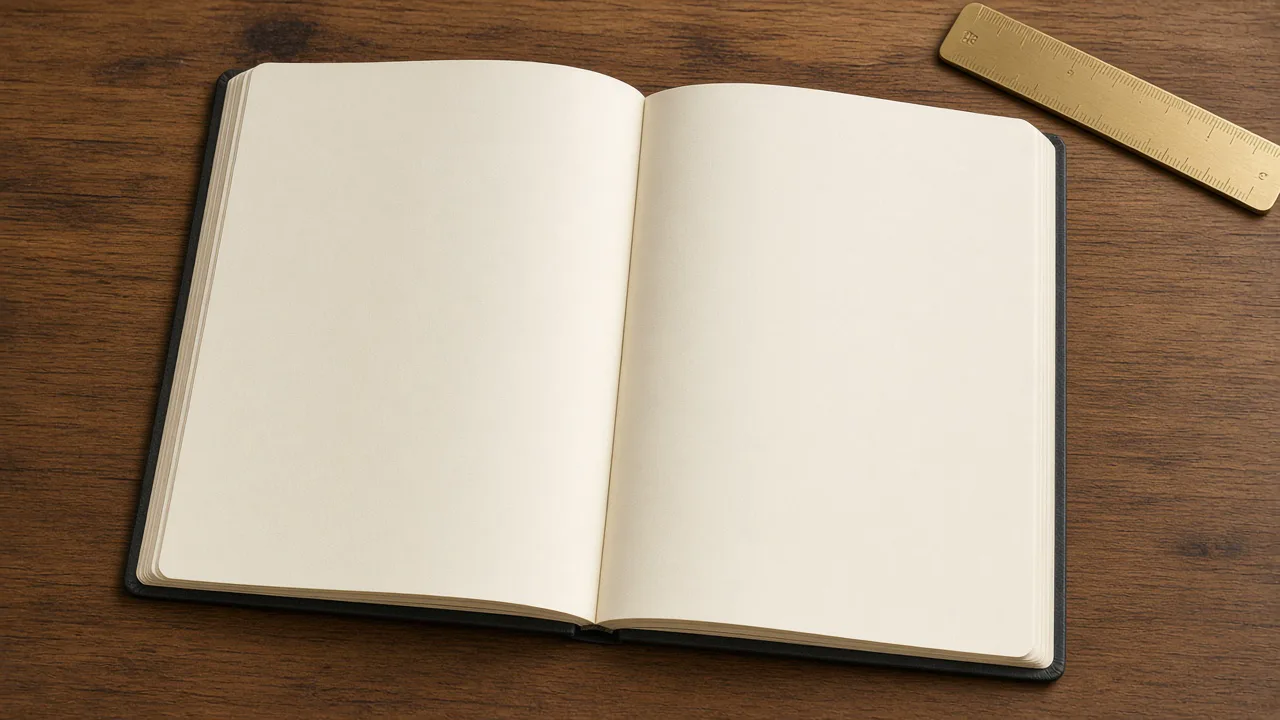 Open blank ledger and a brass ruler on a wooden desk, with no readable writing and no people