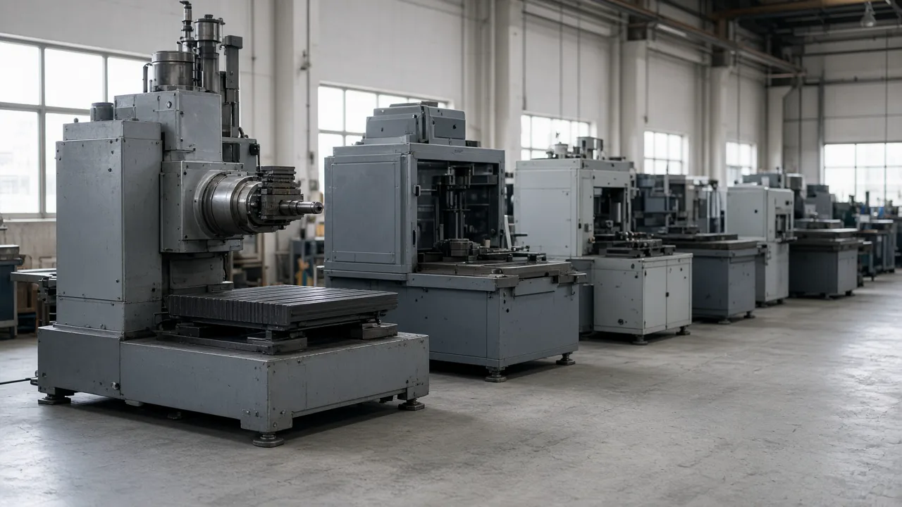 Idle factory machines on a concrete floor, with no brand plates and no people