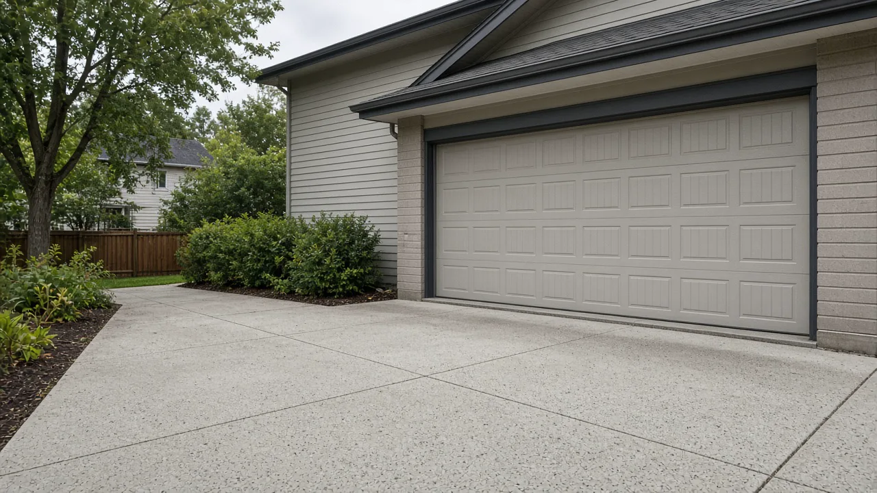 Empty concrete driveway and a closed garage door on a suburban house, with no cars and no people