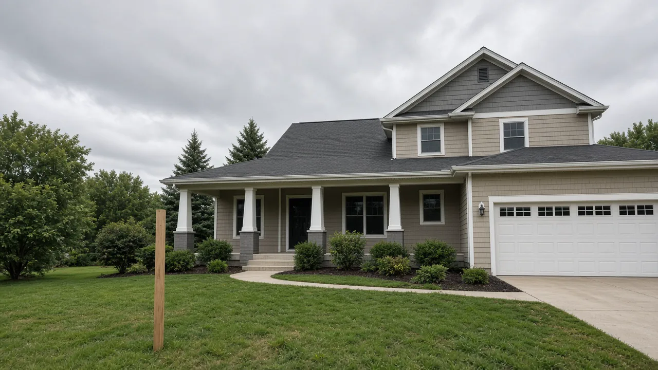 Empty suburban house on a cloudy day with a blank wooden sign stake in the front lawn and no people in frame
