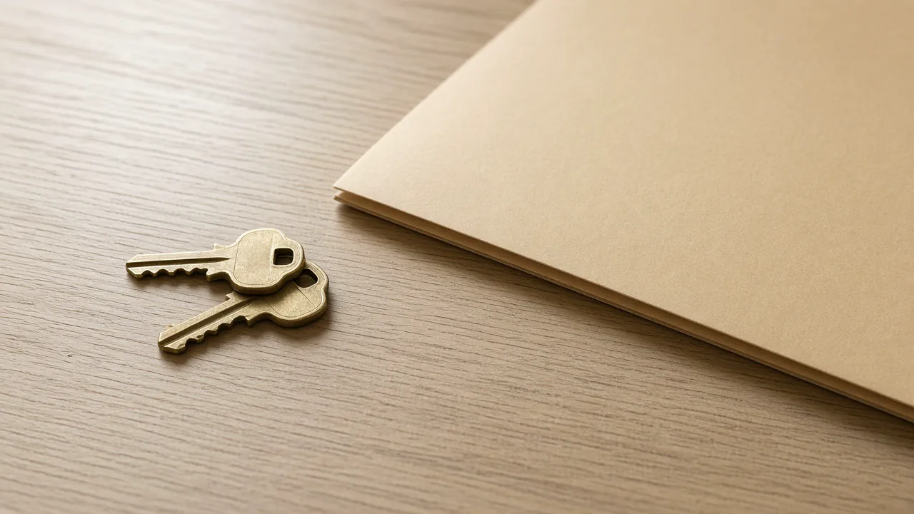 Two plain house keys and a closed blank folder on a light wood table, with no text and no people