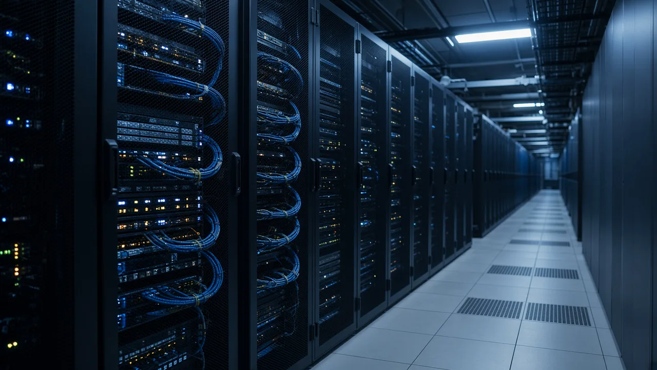 Server-room aisle of equipment racks with small lights, with no brand labels and no people