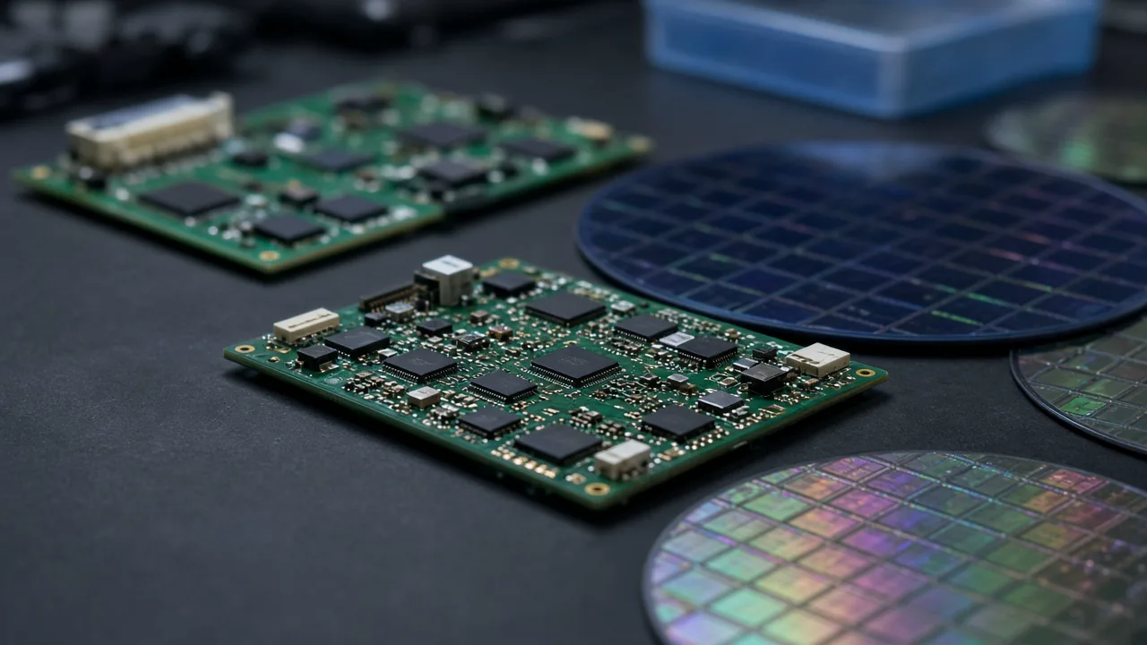 Unbranded green circuit boards on a dark lab bench under cool light, with no logos and no readable text