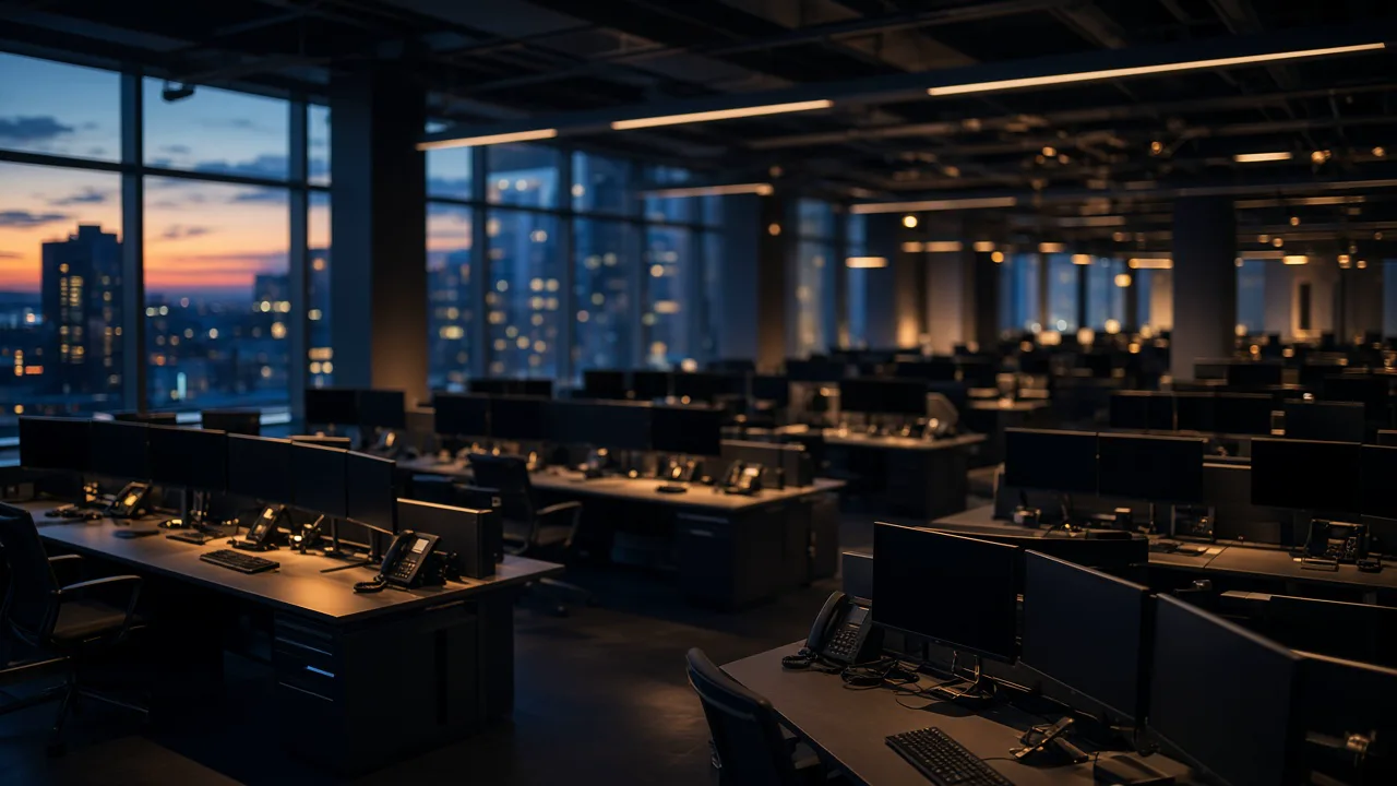 Empty trading floor at dusk with dark desks and monitors glowing in soft amber and blue, and no people in frame