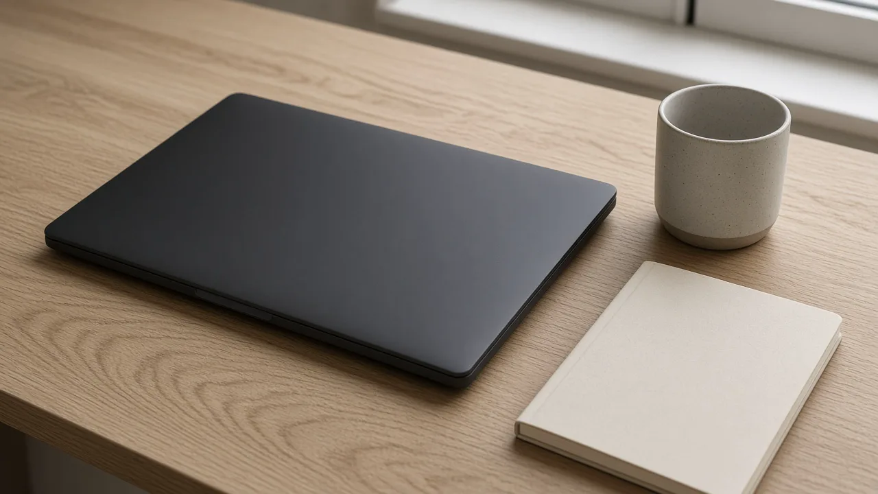 Closed dark laptop, a ceramic cup, and a blank notebook on a pale wood desk, and no people