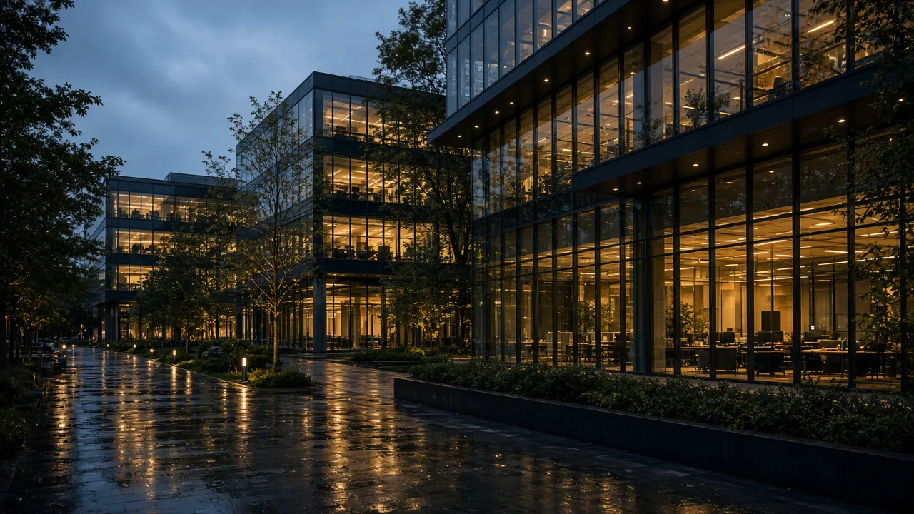 Glass office buildings at dusk with warm interior lights reflected on wet pavement, and no people