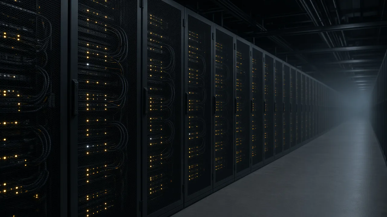Dim aisle of server racks with small amber status lights, with no brand labels and no people