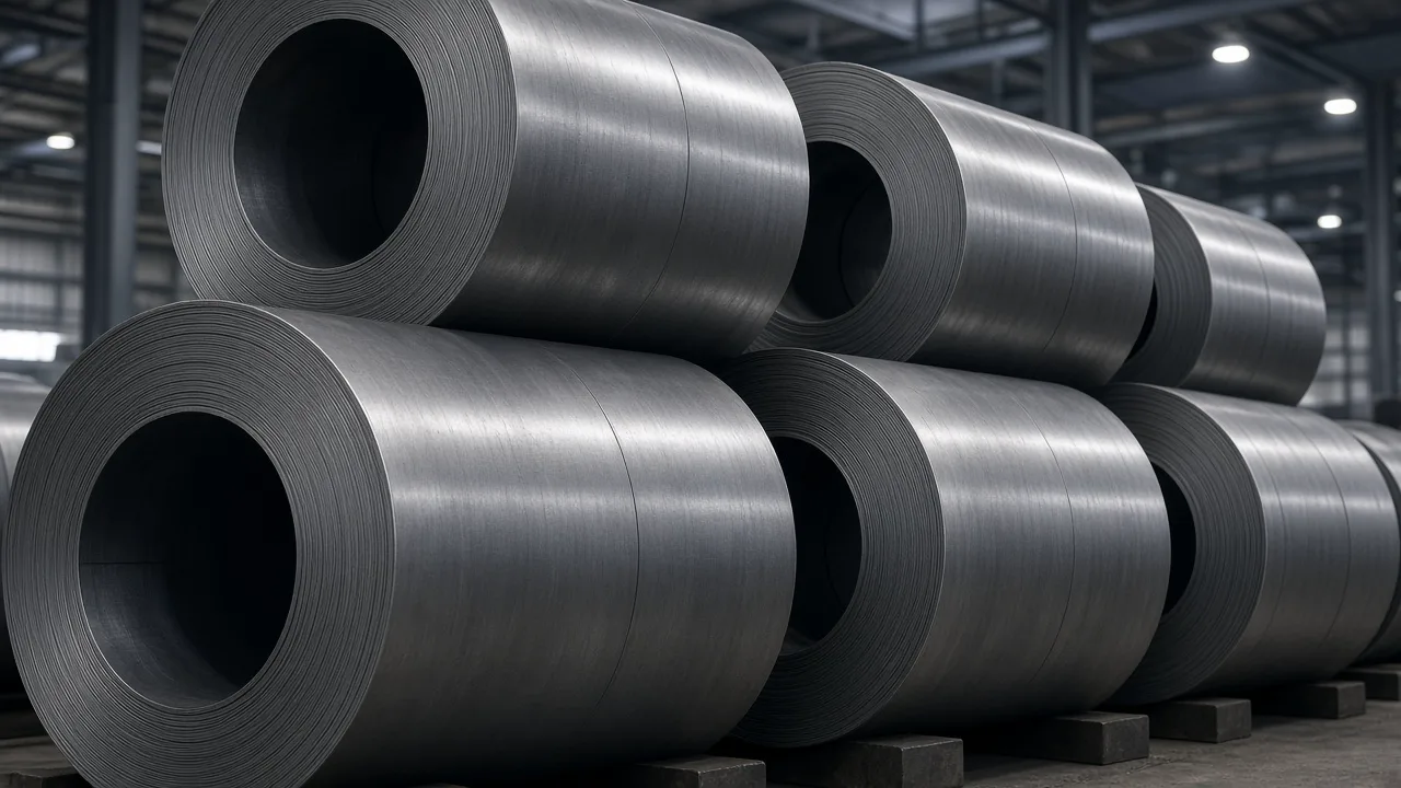 Stacked unbranded steel coils in a warehouse under industrial lights, with no stenciled text
