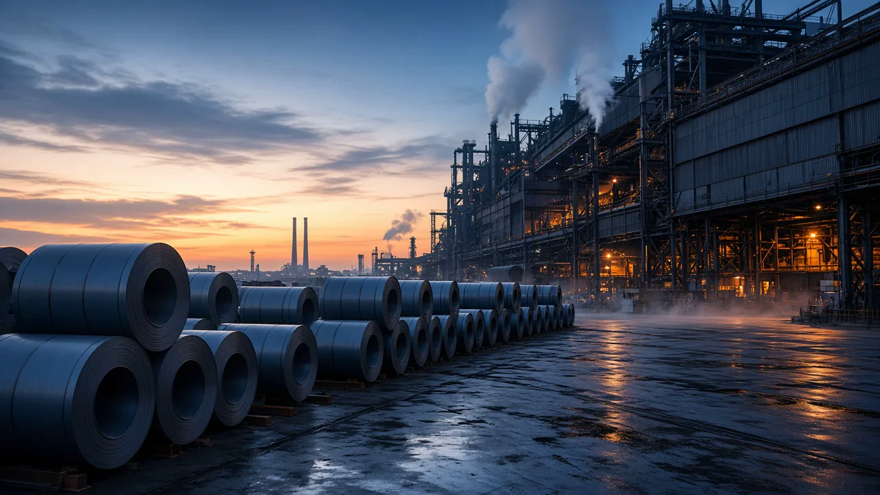 Unbranded steel mill and coils in a yard at dawn, with steam rising and no logos or people