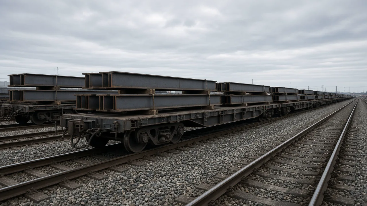 Empty rail yard with unbranded steel beams on flatcars under an overcast sky, and no people