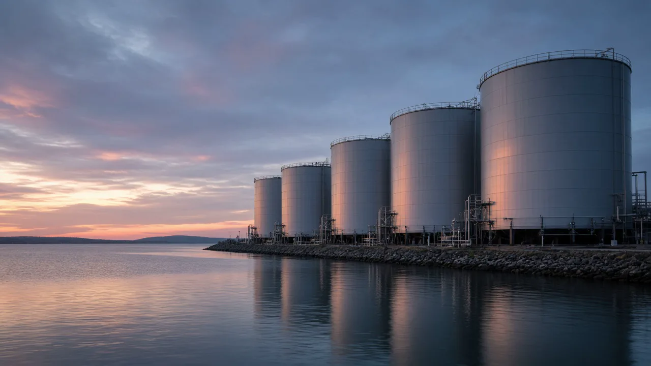 Unbranded oil storage tanks beside calm water at twilight, with no lettering and no people