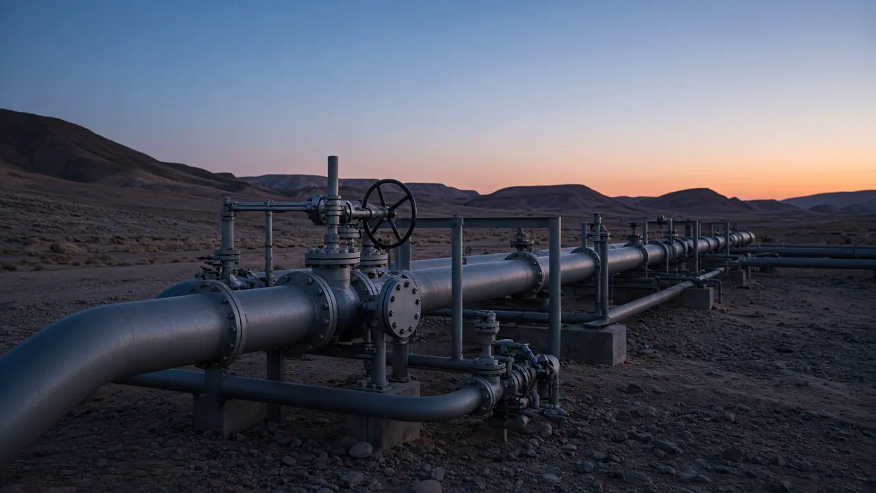 Industrial corridor of large unbranded pipes and valves in desert dusk light, with no signs and no people