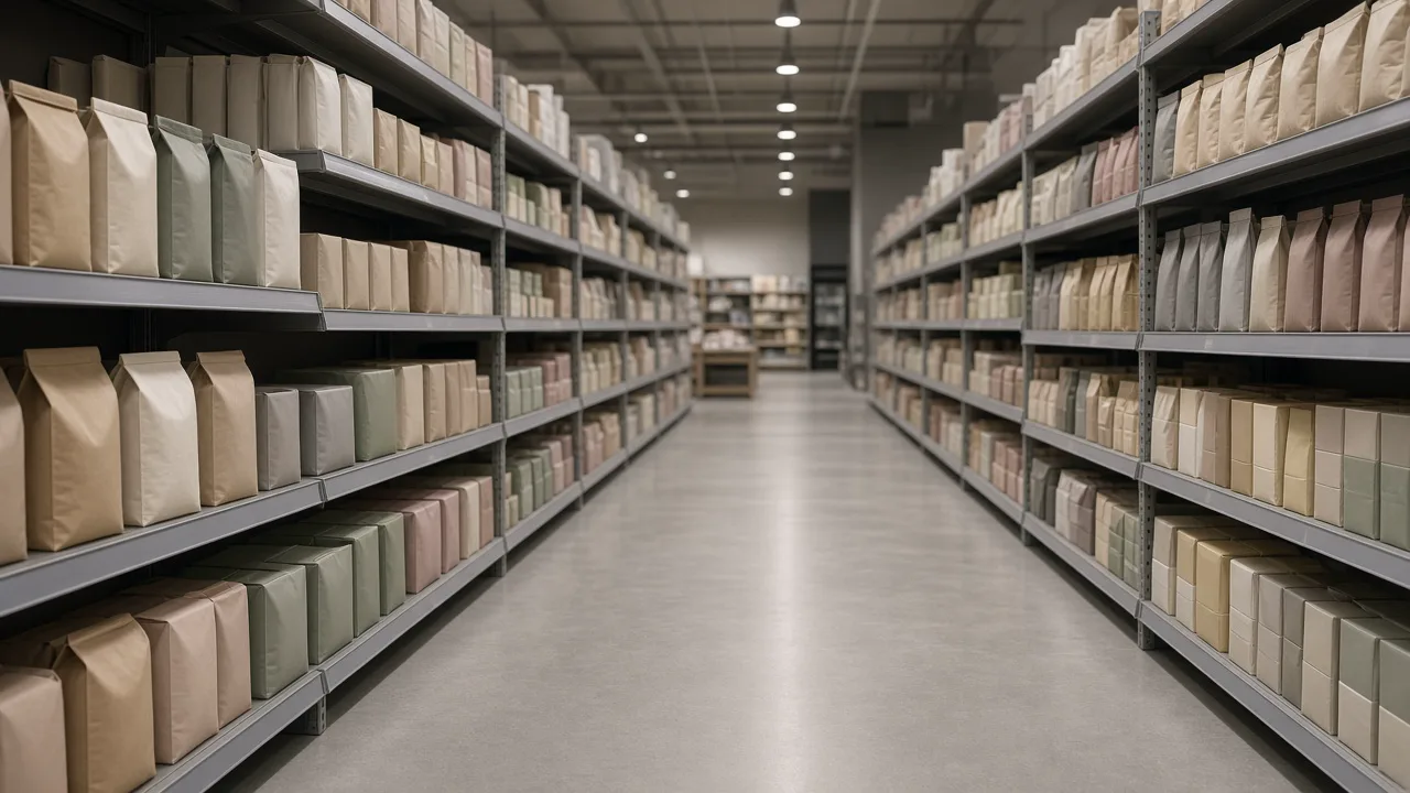 Empty grocery aisle with plain unbranded packages on the shelves, and no people