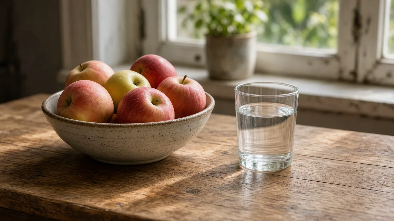 Wooden table with unmarked produce and a ceramic bowl in window light, and no people