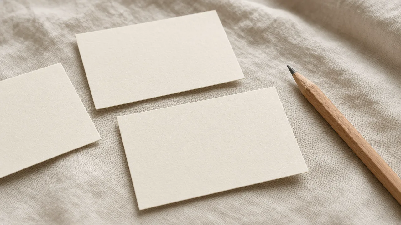Blank paper slips and a pencil on a linen cloth, with no readable print and no people