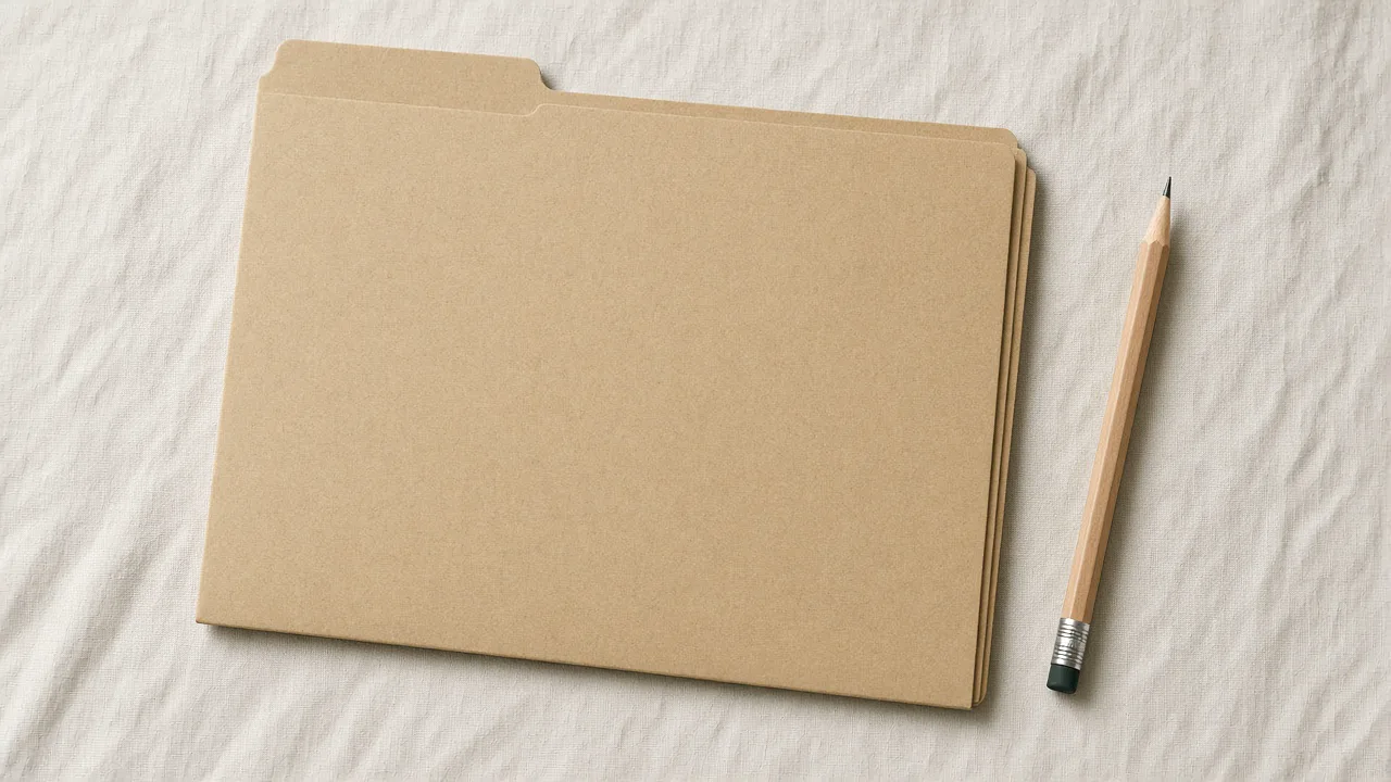 Closed unmarked folder and a pencil on a linen cloth, with no text and no people