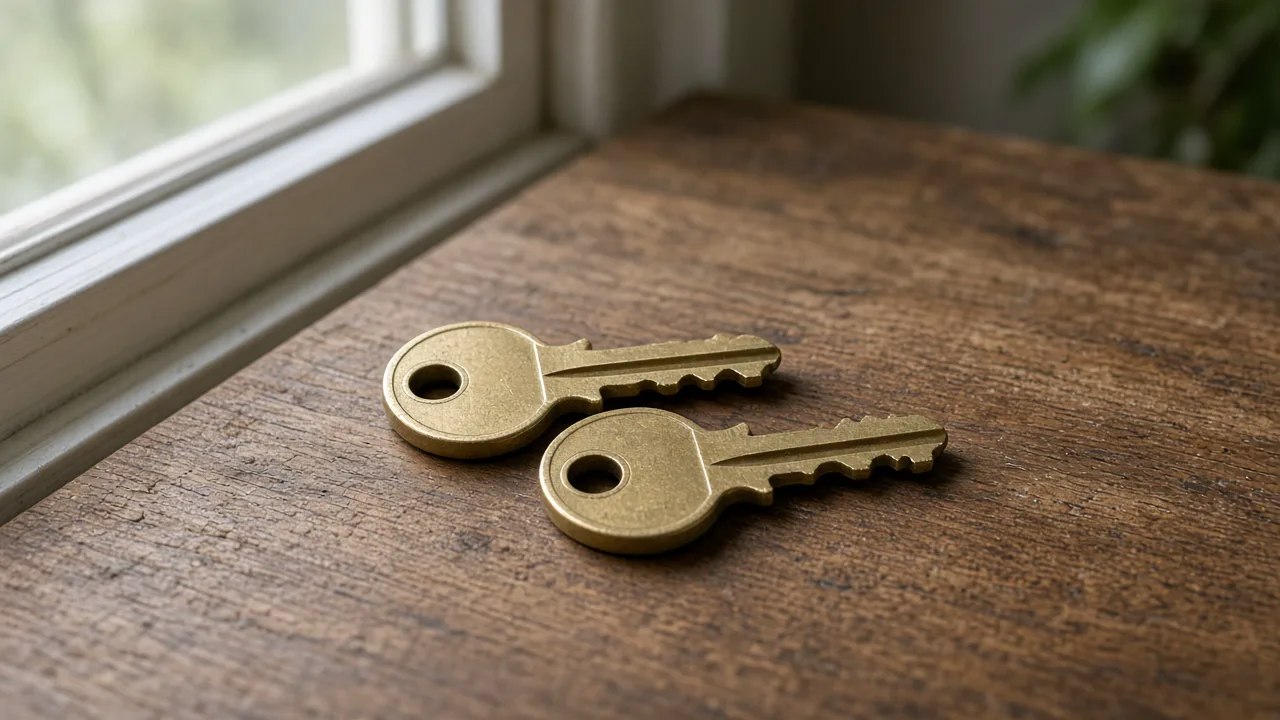 Brass house keys on a wooden table beside a window, with no tags and no people