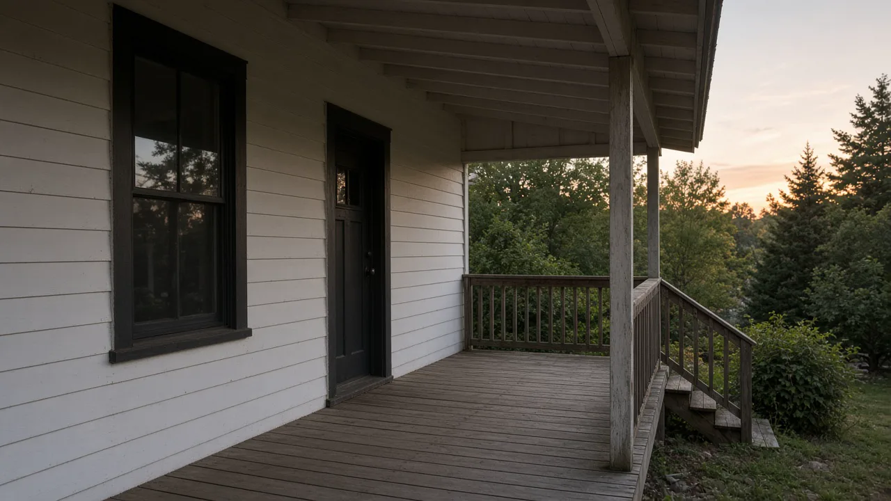 Empty wooden porch of a plain house in late daylight, with no house number and no people