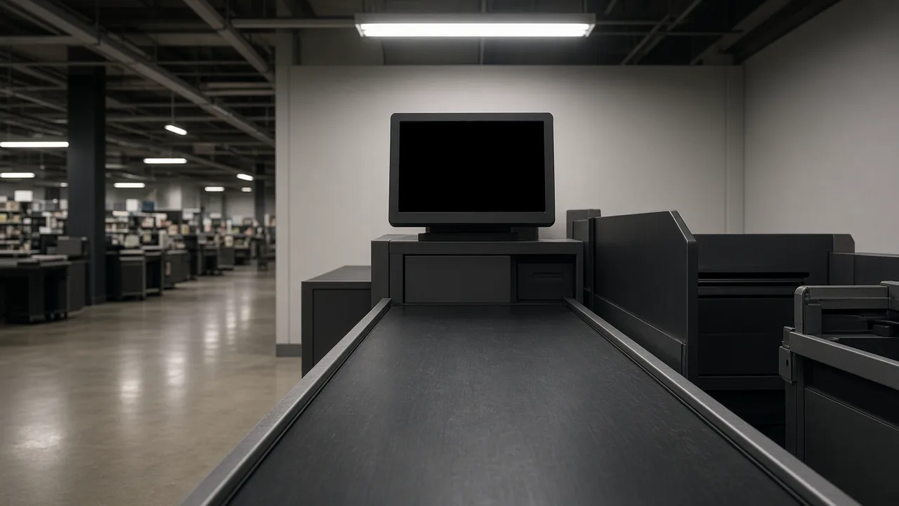 Empty supermarket checkout with a bare conveyor belt and a dark blank screen, and no products or people