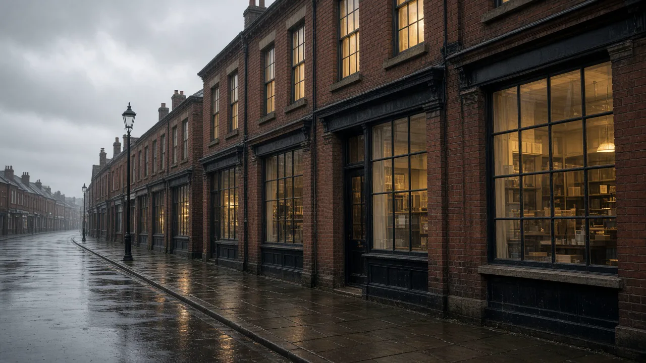 Brick high street of shopfronts on an overcast morning, with lit windows, wet pavement, and no readable shop names or people
