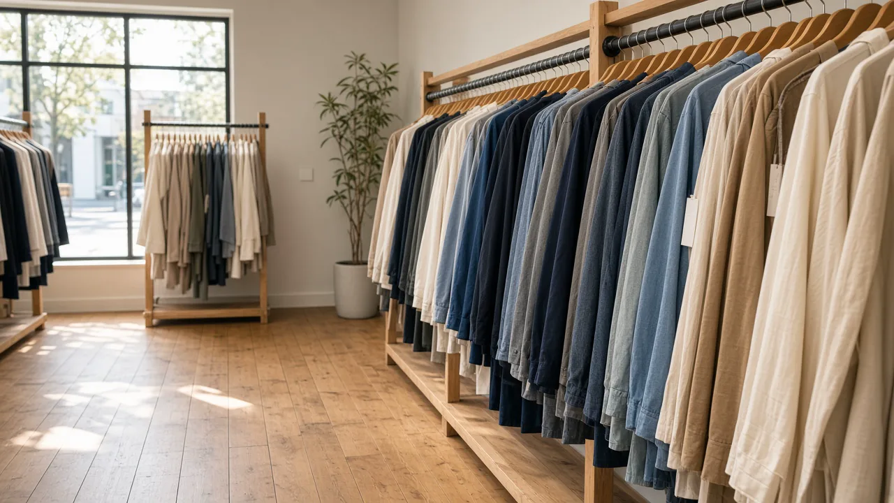 Clothing racks in an empty shop, with solid-color garments and tags turned away so no labels can be read