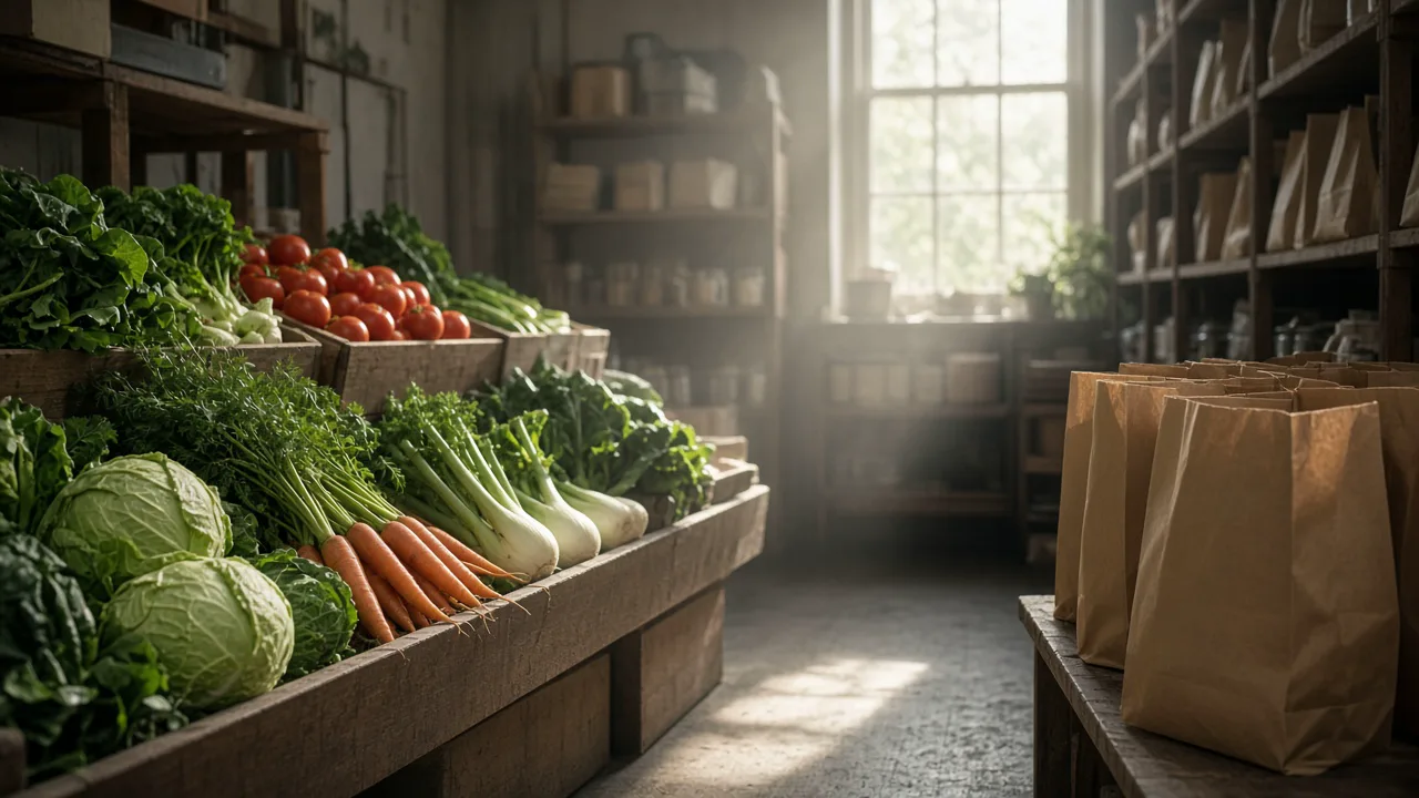 Quiet grocery aisle of fresh produce and plain paper bags in morning light, with no brand labels and no people