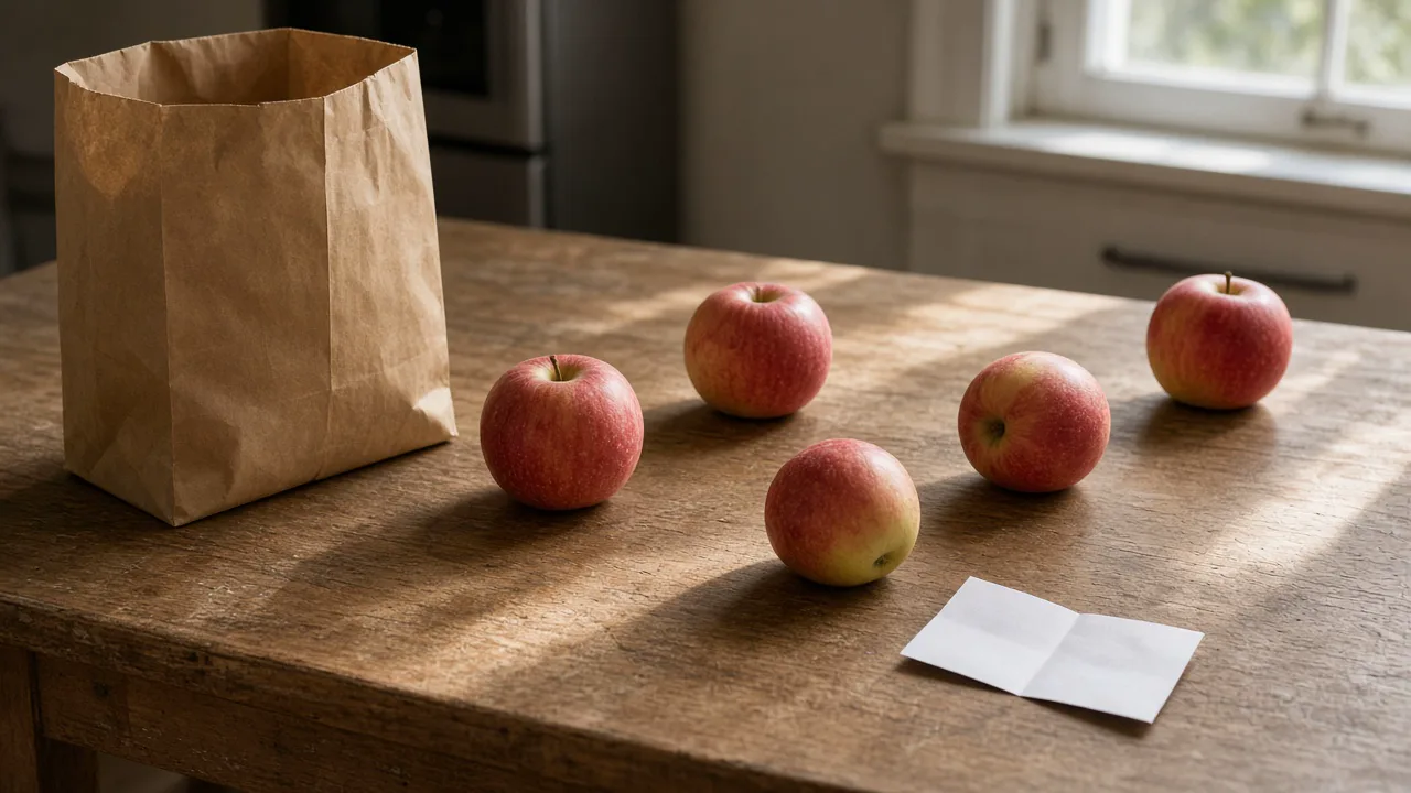 Kitchen table in morning light with a plain paper grocery bag, loose apples, and a folded blank receipt, and no people