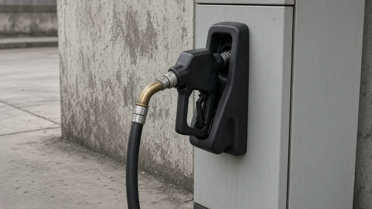 Unbranded fuel pump nozzle resting in its holster at a plain concrete station, with no price signs and no people