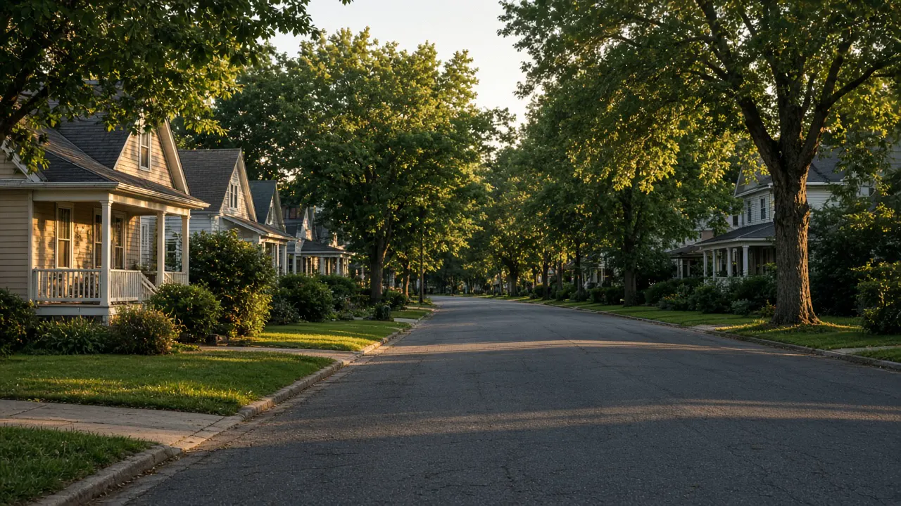 Quiet residential street of ordinary houses in late afternoon light, with no signs and no people