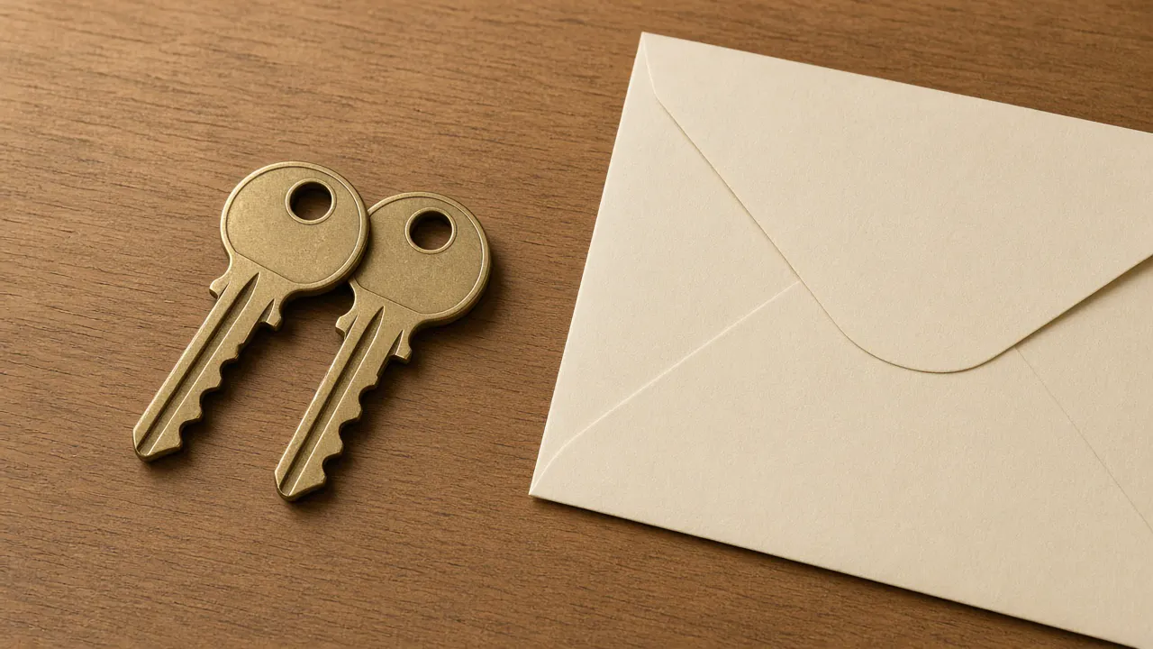 Plain house keys on an unmarked wooden table beside a blank envelope, with no readable text and no people