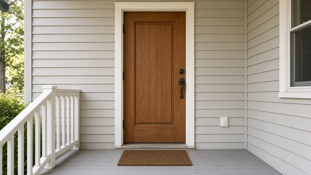 Empty front porch of a plain house with a closed door and a mat, with no numbers and no people