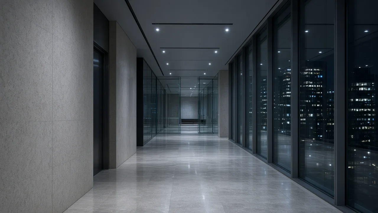 Glass office corridor at night with stone walls and no signs, and no people