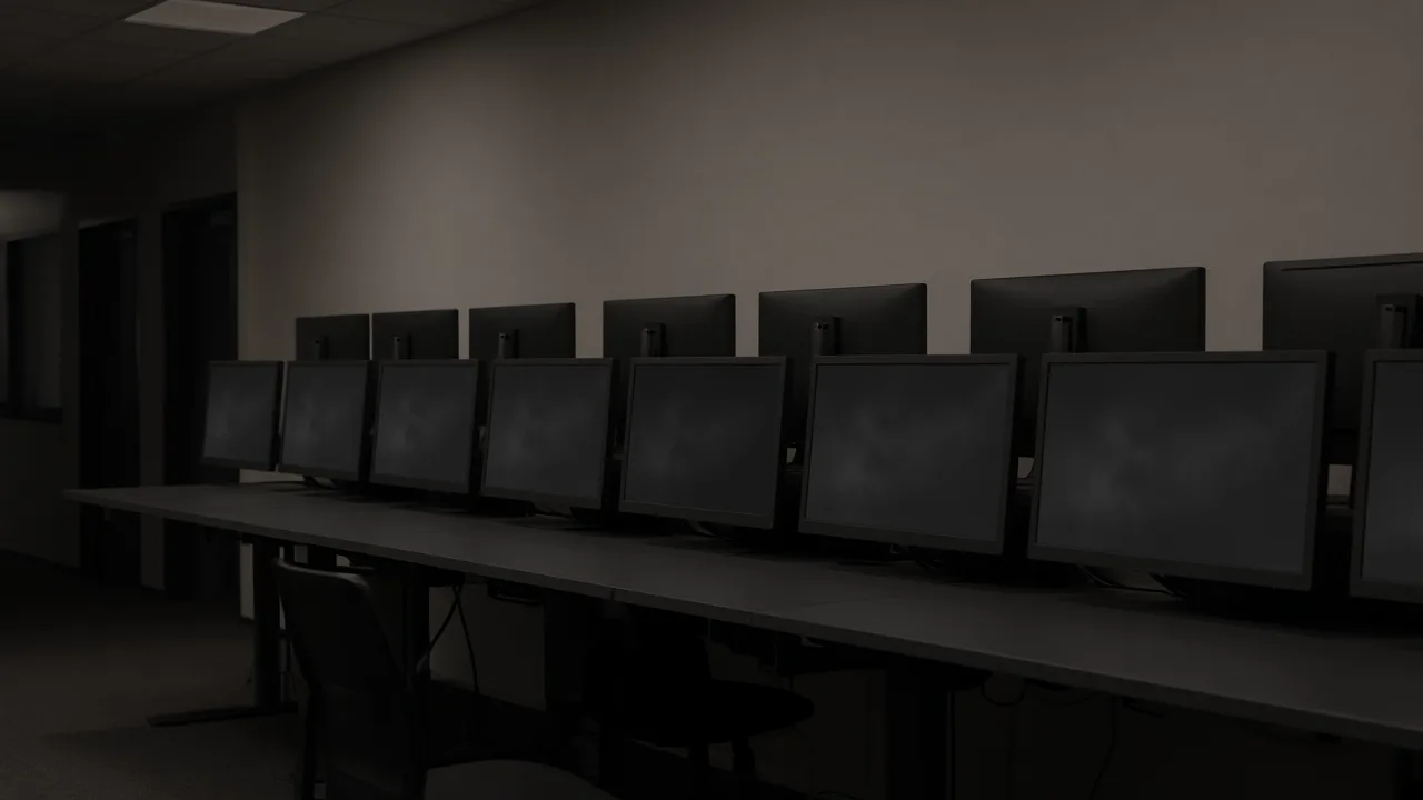 Wall of blank dark monitors in a quiet room after hours, with no readable screens and no people
