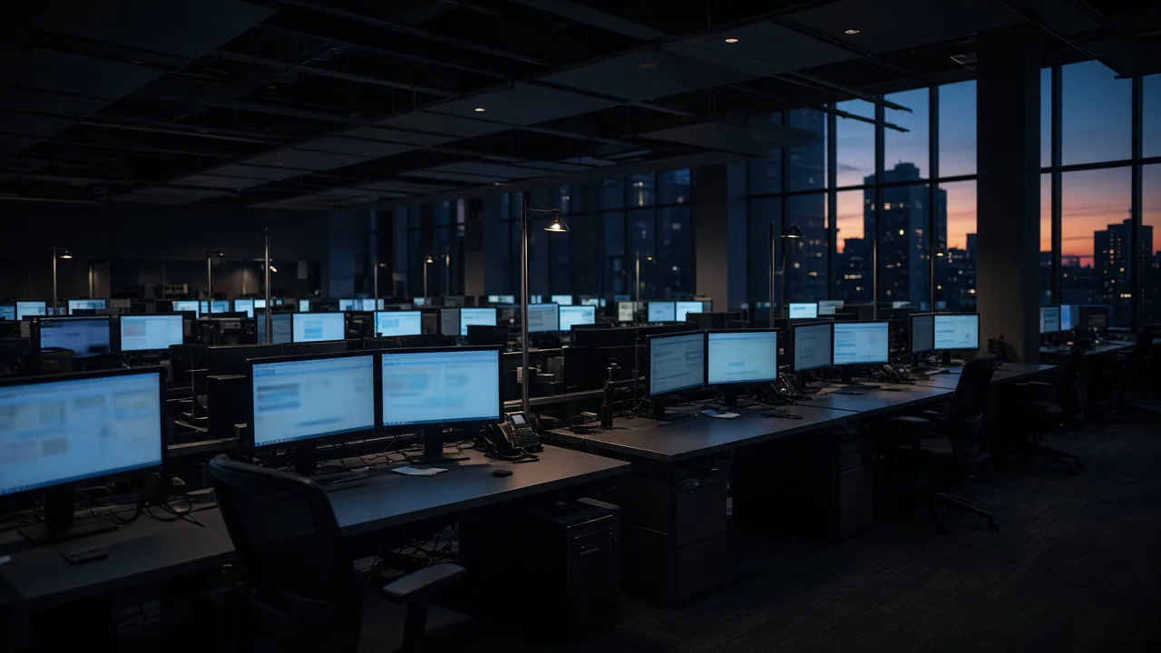 Empty trading floor at dusk with dark desks and blue monitor glow, and no people in frame